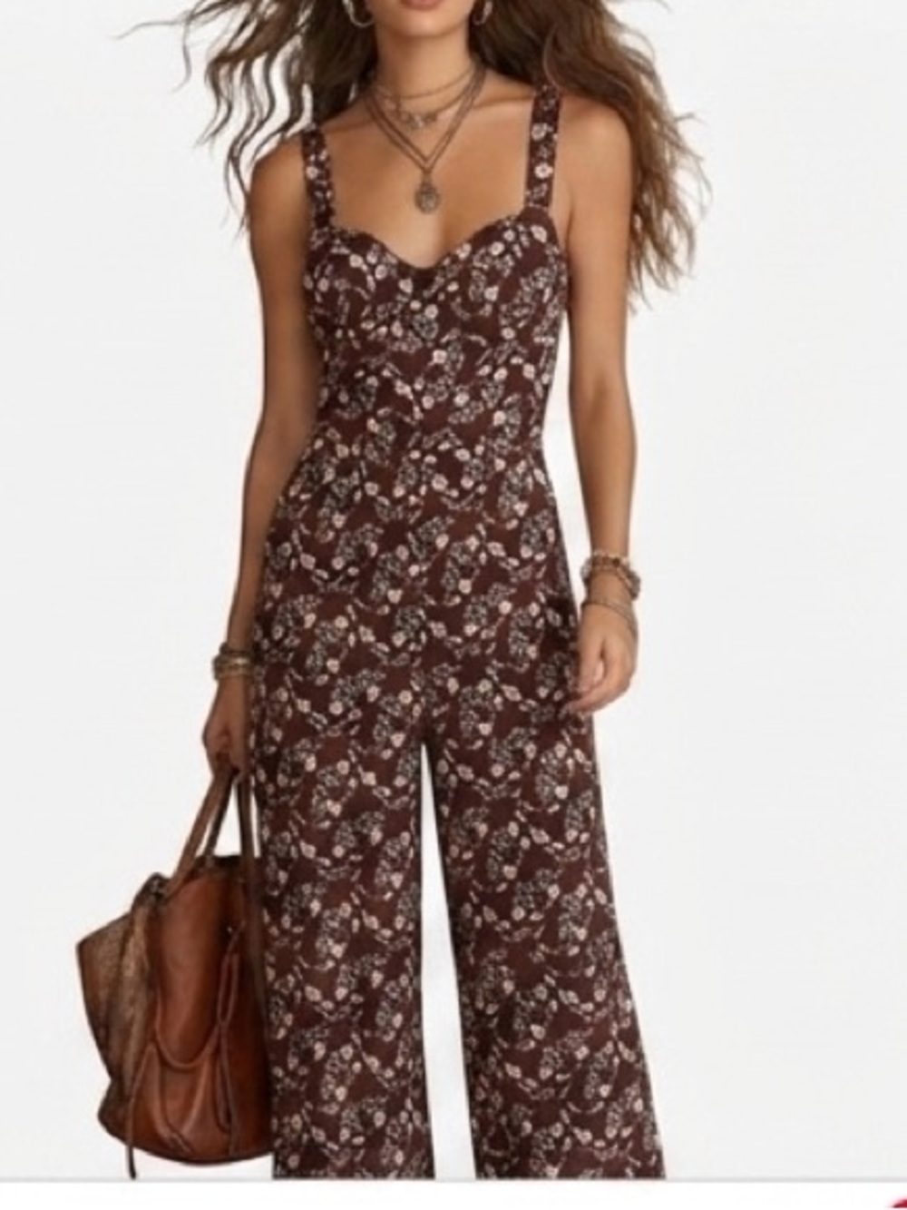 AUW Brown and Pink Floral Wide-Leg Jumpsuit Romper Bra Support Small